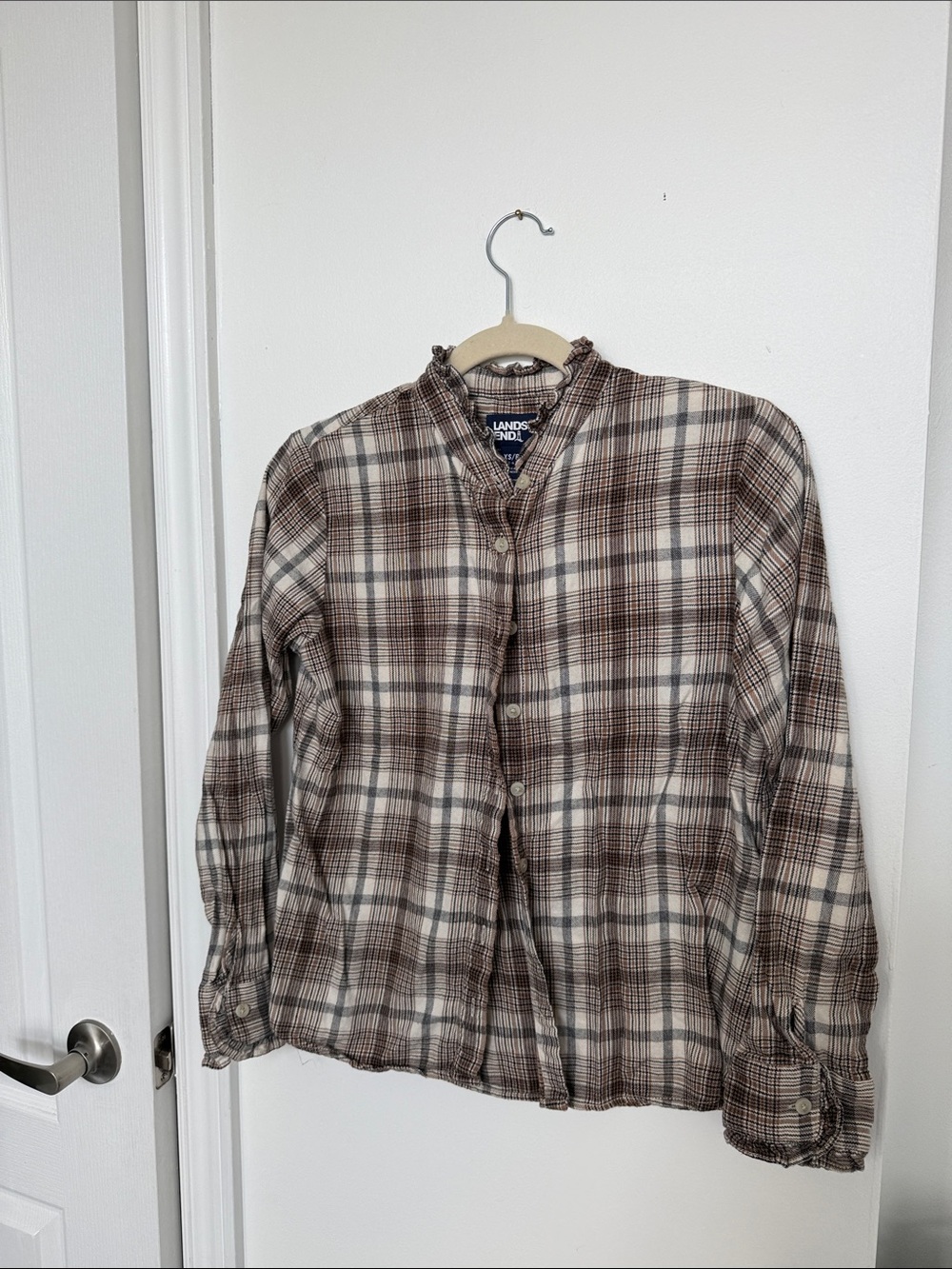 Lands' End Brown and Cream Plaid Shirt